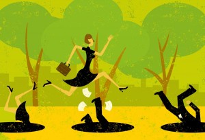 Illustration med en kvinde med en attachemappe, der springer over faldgruber, som andre falder i